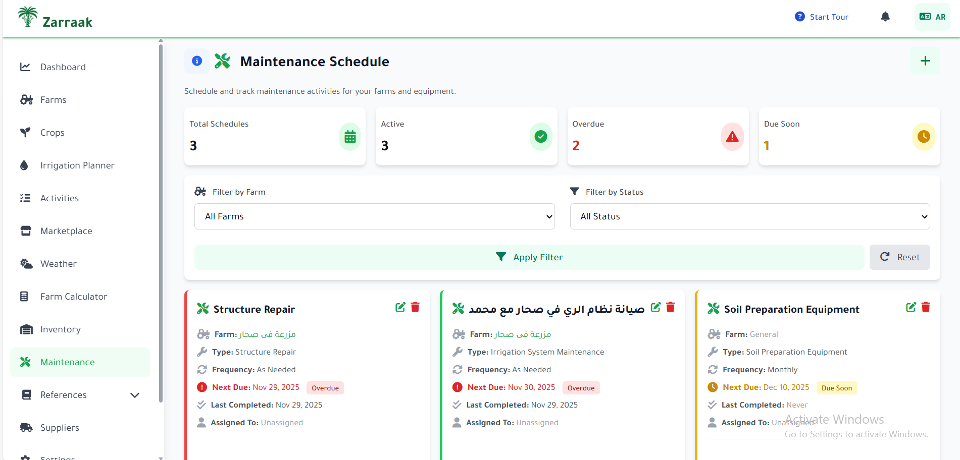 Maintenance schedules